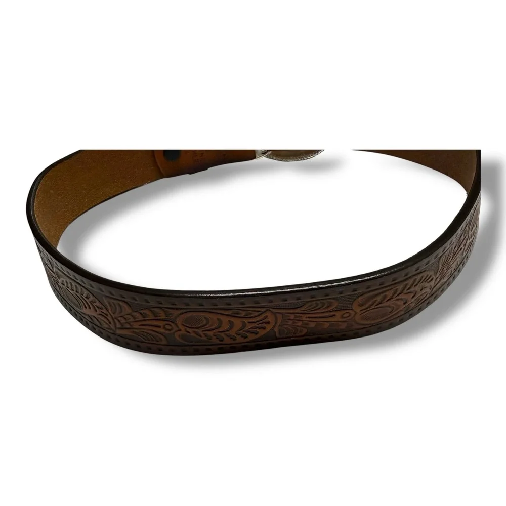 3D Belt Brown Tooled Genuine Leather Western‎ Bull Rider Trophy Buckle Boys 29
